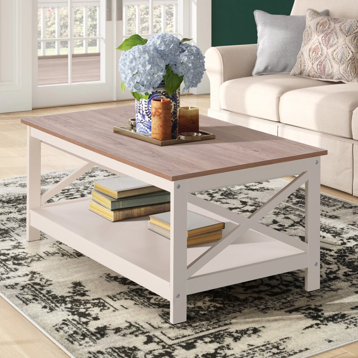 Sophia&William Coffee Table Farmhouse Cocktail Table with Storage Shelf for Living Room-Ivory