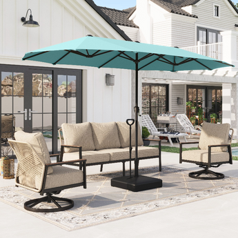 Alpha Joy 8-Piece Outdoor Patio Dining Set with 13 ft Orange Red Umbrella, Cushioned Swivel Chairs & Fixed Chairs & Metal Table for 6