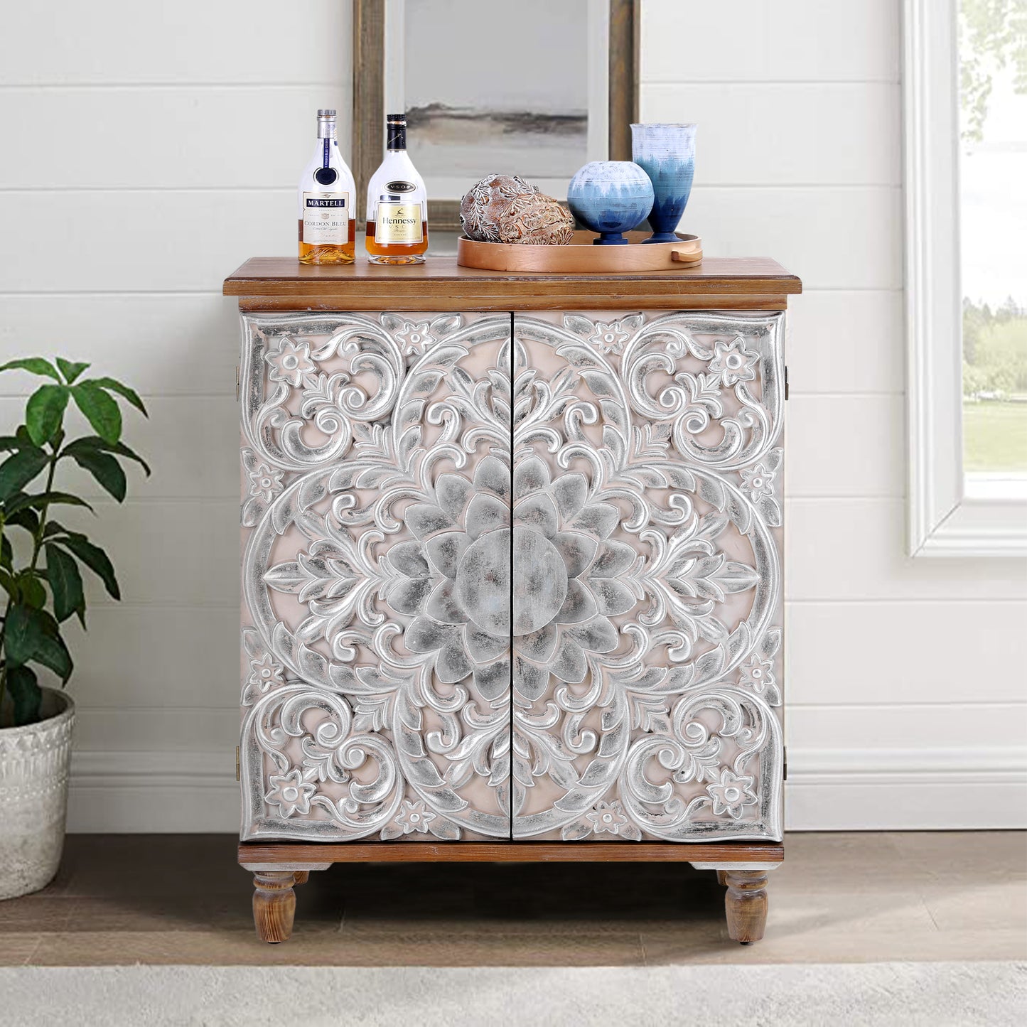 Sophia & William Accent Storage Cabinet with Silver Flower Carved Pattern