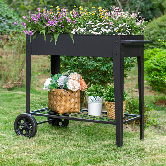Sophia & William Raised Planter Box with Legs Outdoor Elevated Garden Bed on Wheels-Black
