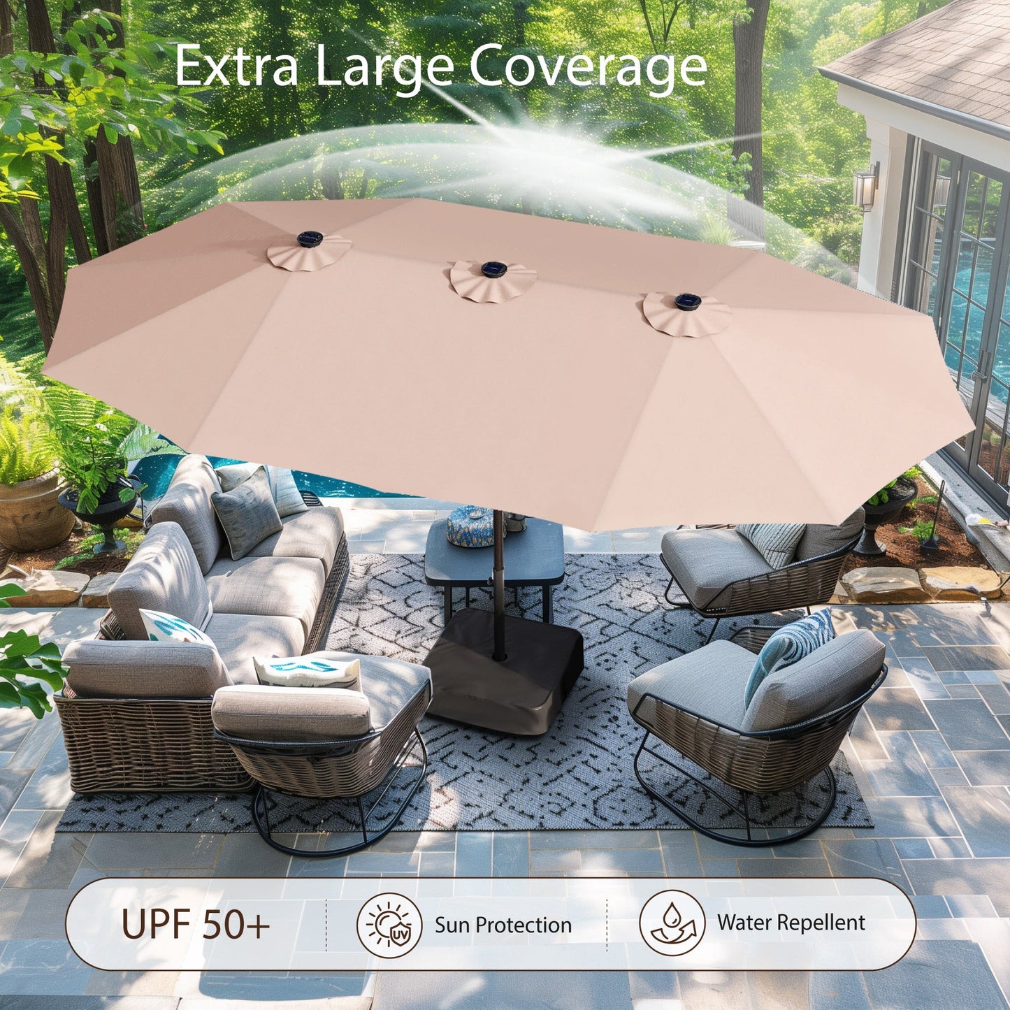 Alpha Joy 15ft Extra Large Outdoor Patio Double-Sided Umbrella with Solar Lights & Umbrella Base, Beige