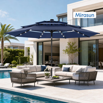 Mirasun 10ft Patio Umbrella with Light, Outdoor Large Auto-Tilt 3 Tier Market Table Umbrellas with 8 Sturdy Ribs and 1.5" Pole for Lawn Poolside Garden Terrace