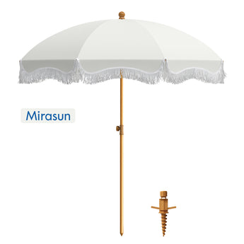 Mirasun 7ft Fringe Beach Umbrella White with Sand Anchor, Outdoor Patio White Portable Beach Umbrella for Sand with Tassels, Push Button Tilt & Carrying Bag, UPF 50+