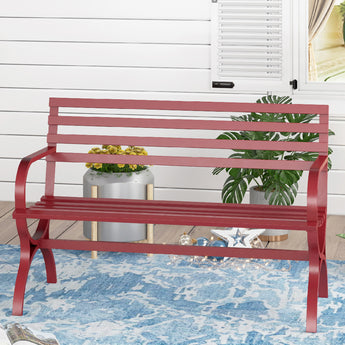 Alpha Joy 48.8” Outdoor Metal Patio Garden Bench for Lawn, Park, Deck - Red