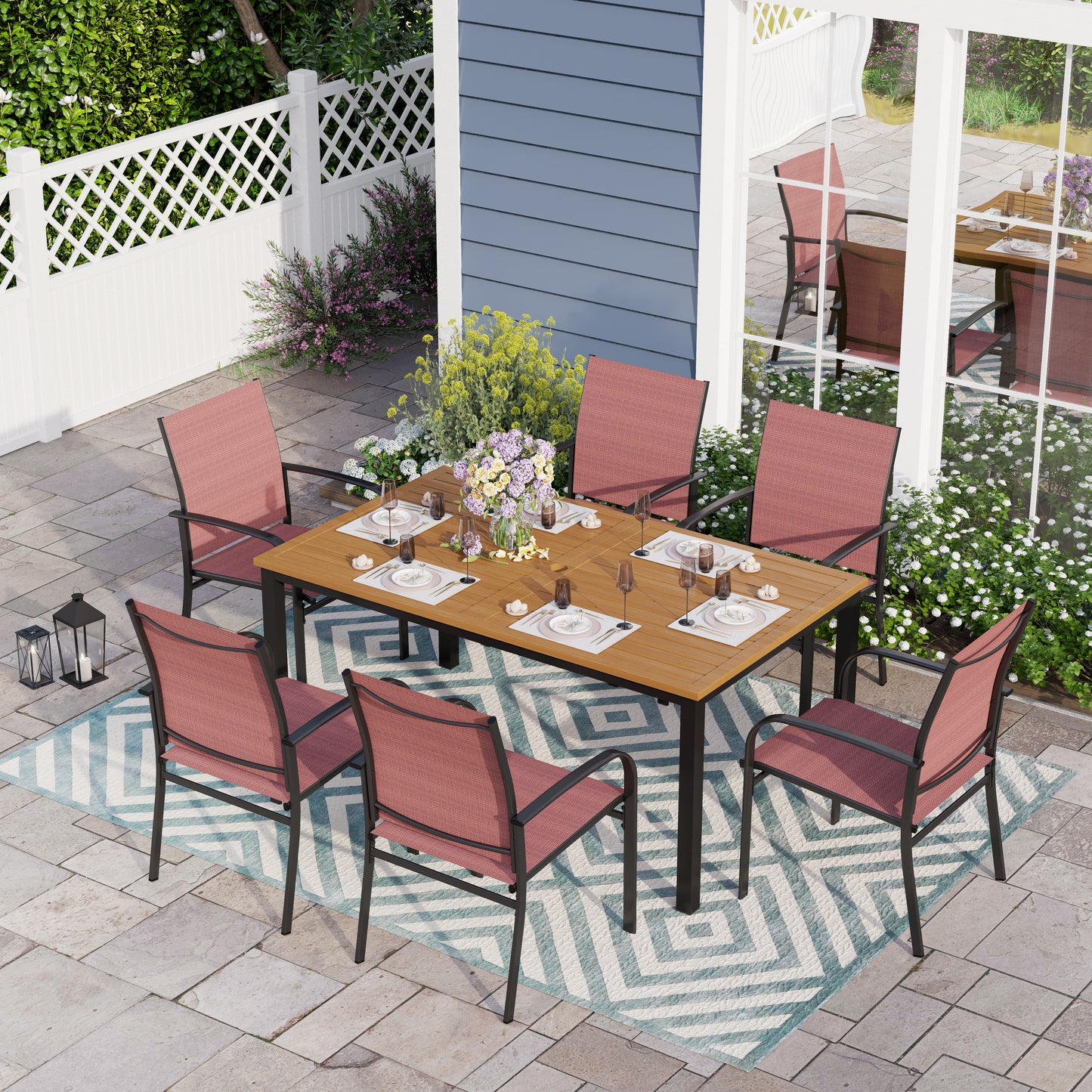 Sophia & William 7 Piece Patio Dining Set Teak Dining Table and 6 Red Textilene Chairs