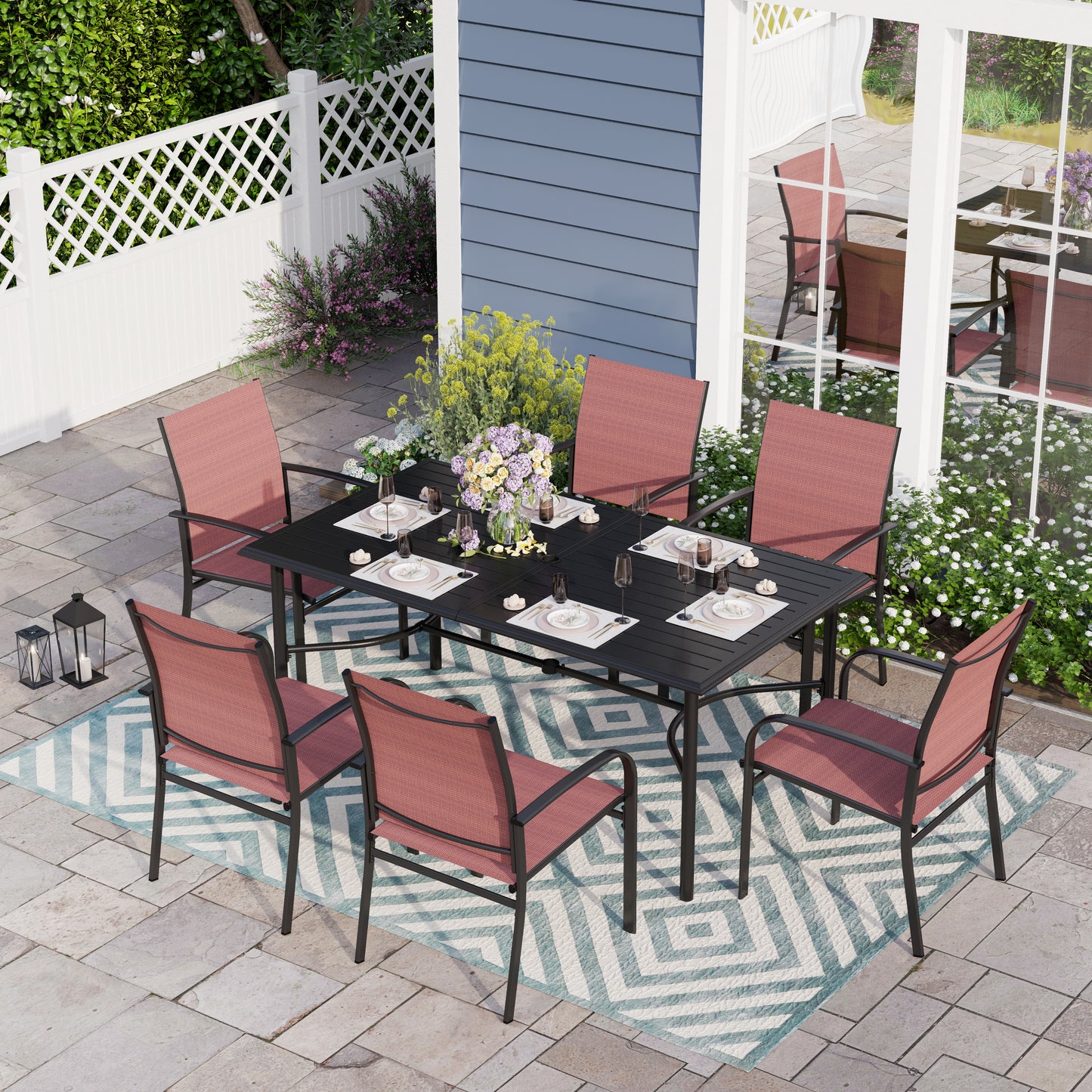 Sophia & William 7 Piece Patio Metal Dining Set 67" Dining Table and 6 Red Textilene Chairs