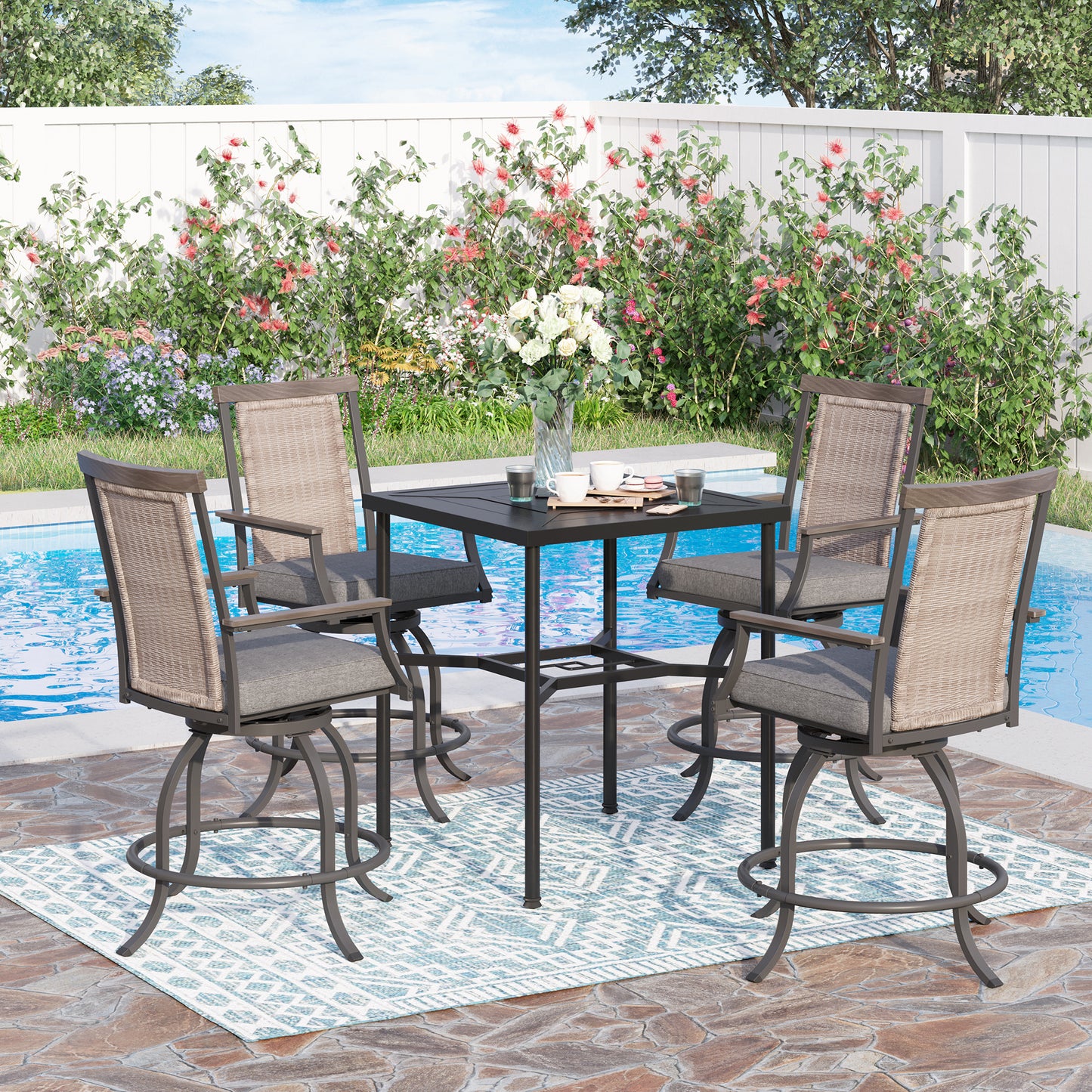 Sophia & William 5 Pieces Swivel Bar Set Rattan Backrest and Padded Cushion Bar Chair & Square Metal Table
