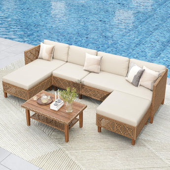 PHI VILLA Wicker Patio Furniture Set, Outdoor Sectional Couch with Cushions and Acacia Wood Coffee Table, U-Shaped Patio Conversation Set for Deck or Porch, 6 Seats, Beige