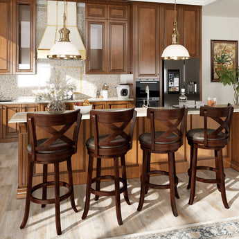 Sophia & William Swivel Bar Stools Set of 4, 30 Inch Bar Height Barstools with Cross Back & Solid Wood Legs,Faux Leather Kitchen Stools, Brown