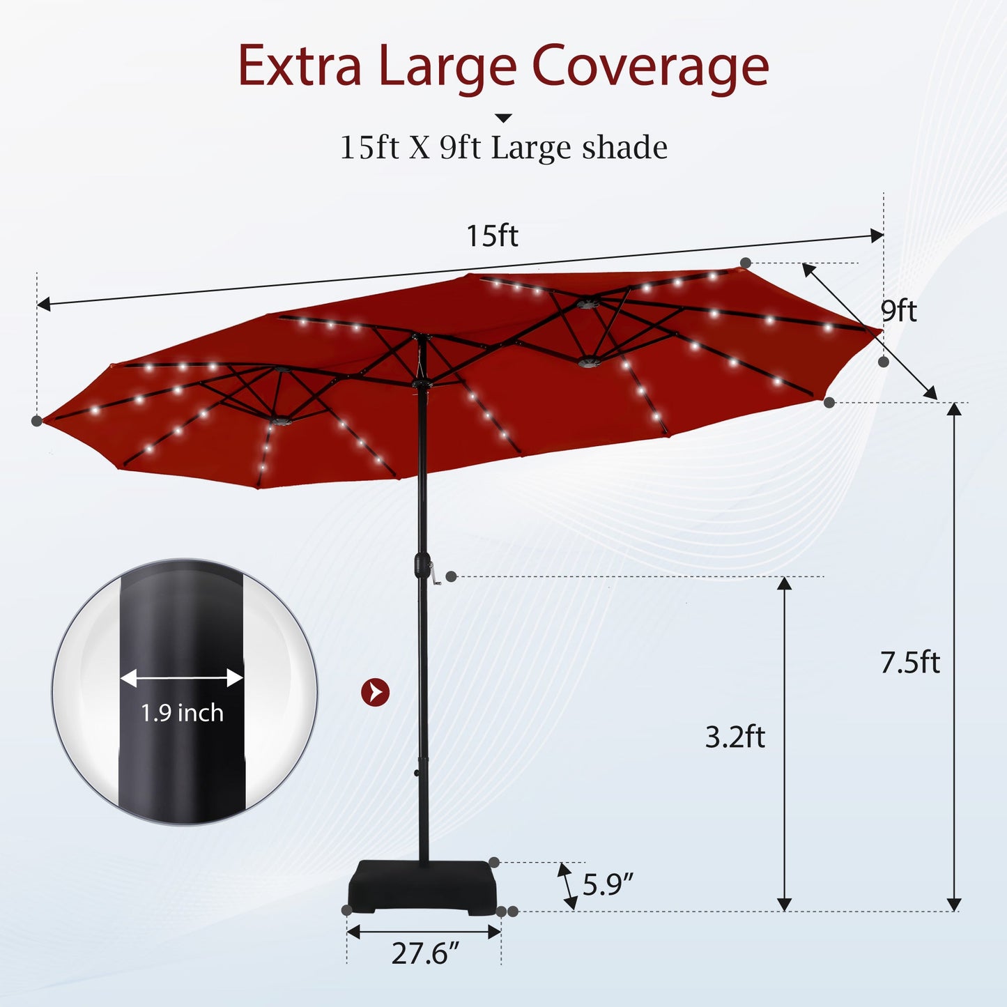 Alpha Joy 15ft Extra Large Outdoor Patio Double-Sided Umbrella with Solar Lights & Umbrella Base, Red