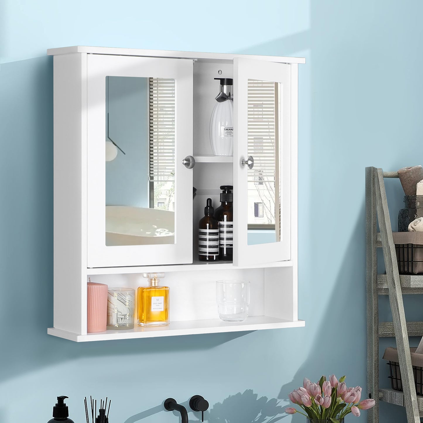 S&W Wall Mounted Bathroom Cabinet Medicine Cabinet with Double Mirror Doors-White