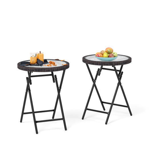 2Pcs Patio Bistro Table with Round Tempered Glass Top and Rattan Edge