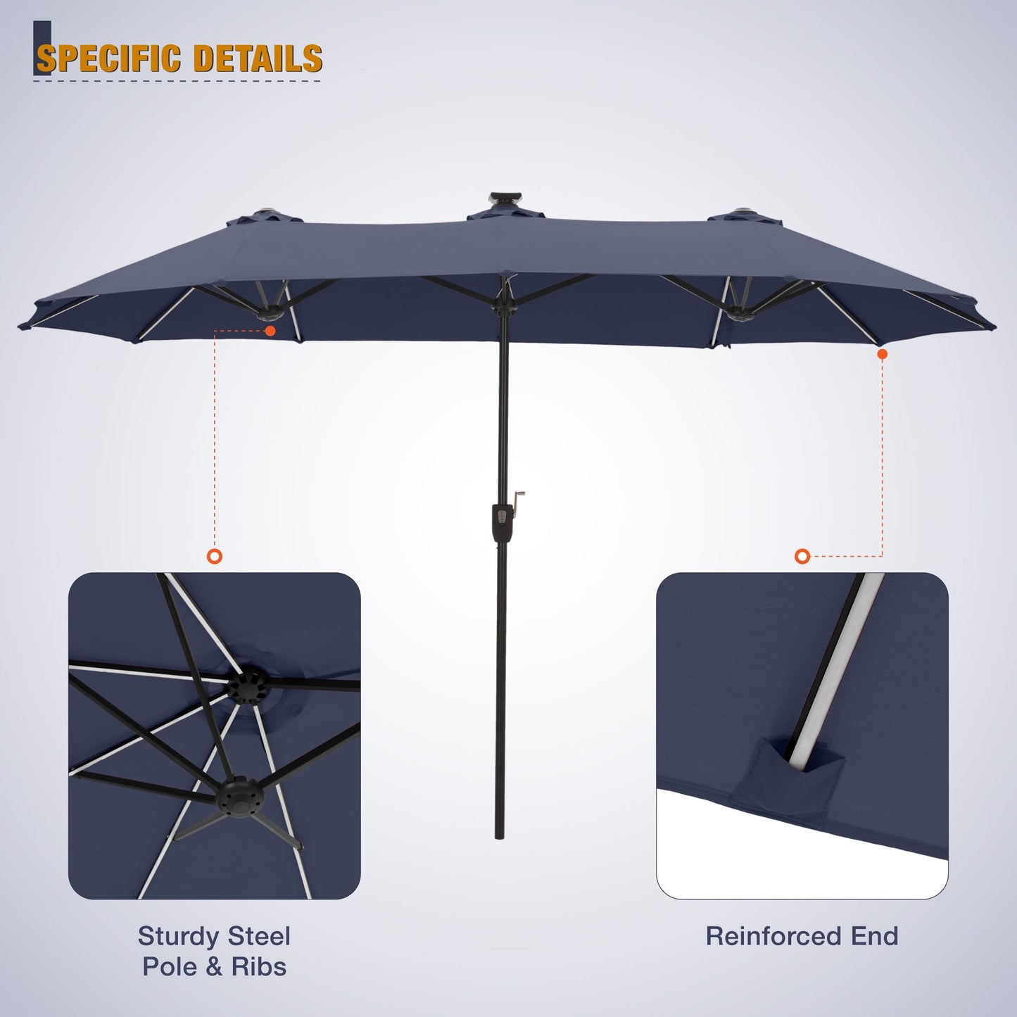 Alpha Joy 13ft Large Double-Sided Outdoor Patio Umbrella with Colorful Solar Lights, Navy Blue