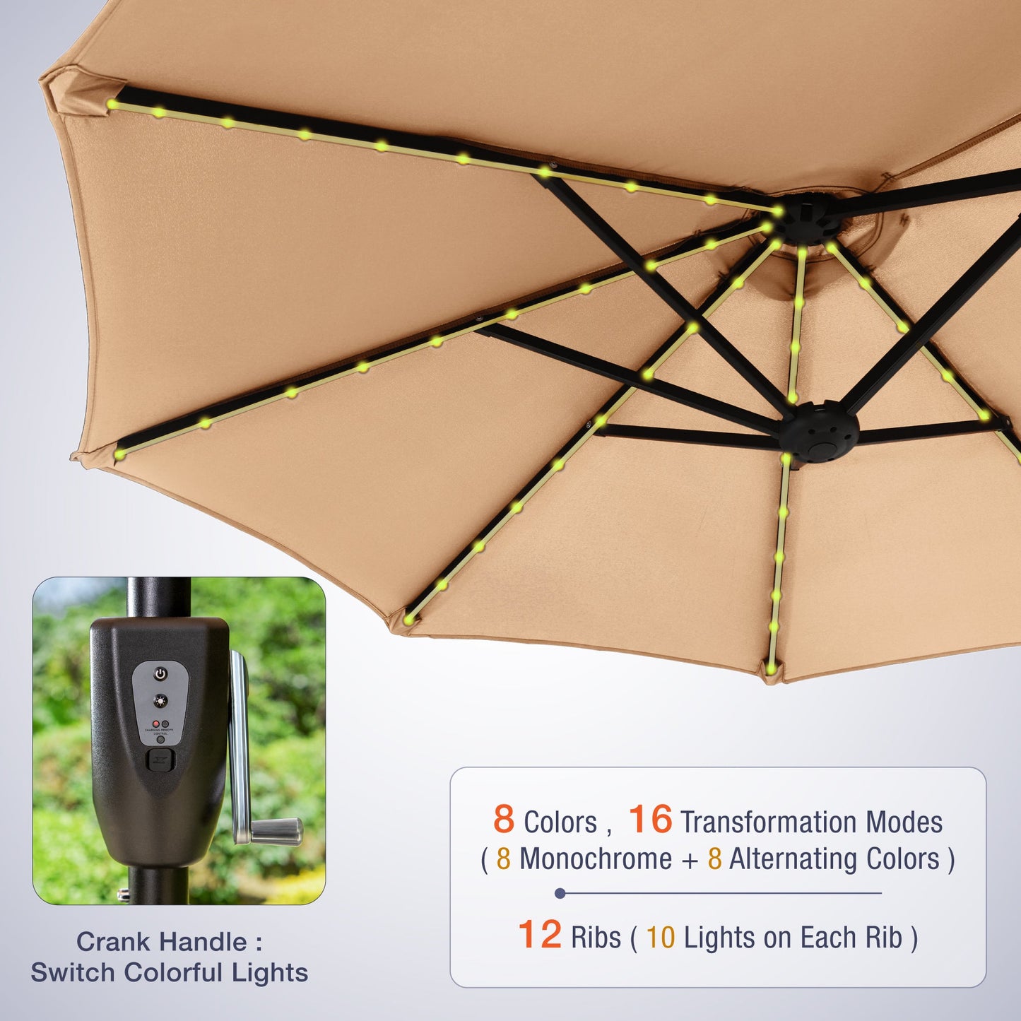 Alpha Joy 13ft Large Double-Sided Outdoor Patio Umbrella with Colorful Solar Lights, Beige