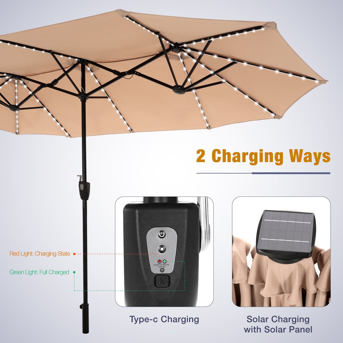 Alpha Joy 13ft Large Double-Sided Outdoor Patio Umbrella with Colorful Solar Lights, Beige
