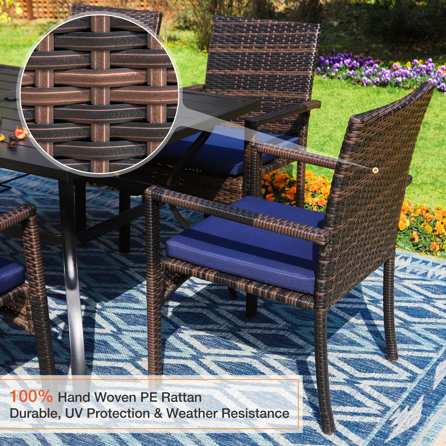 Sophia & William 8 Pieces Outdoor Patio Dining Set with 13 ft Orange Red Umbrella, Rattan Chairs & Metal Table for 6