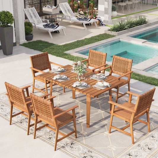 Sophia & William 7 Pieces Patio Dining Set 59.1"x35.4" Rectangle Wood Table with 6 x Acacia Wood Patio Chairs with Cushions for Lawn, Garden, Backyard
