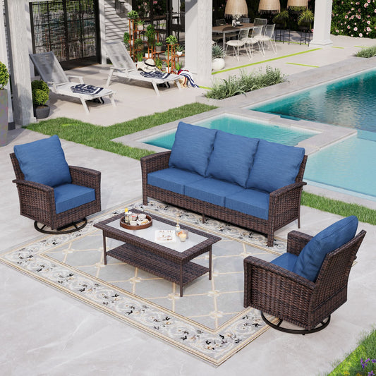 Sophia & William 4 Pieces Wicker Patio Conversation Set 5-Seat Outdoor Furniture Set with Swivel Chairs, Navy Blue