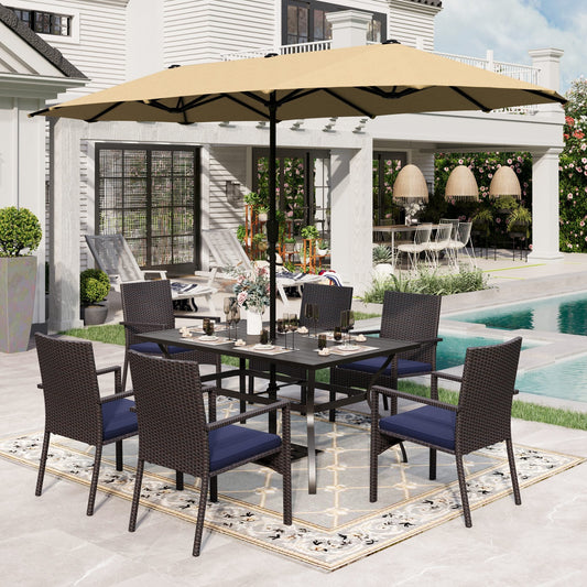 Sophia & William 8 Pieces Outdoor Patio Dining Set with 13 ft Beige Umbrella, Rattan Chairs & Metal Table for 6