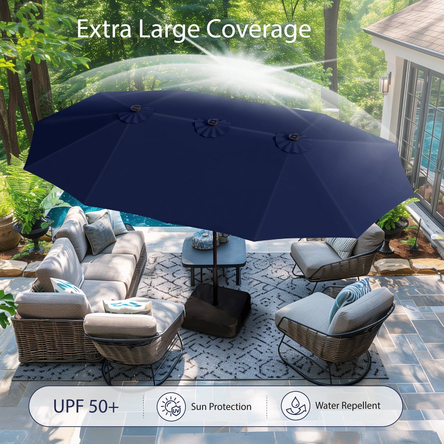 Alpha Joy 15ft Extra Large Outdoor Patio Double-Sided Umbrella with Solar Lights & Umbrella Base, Navy Blue