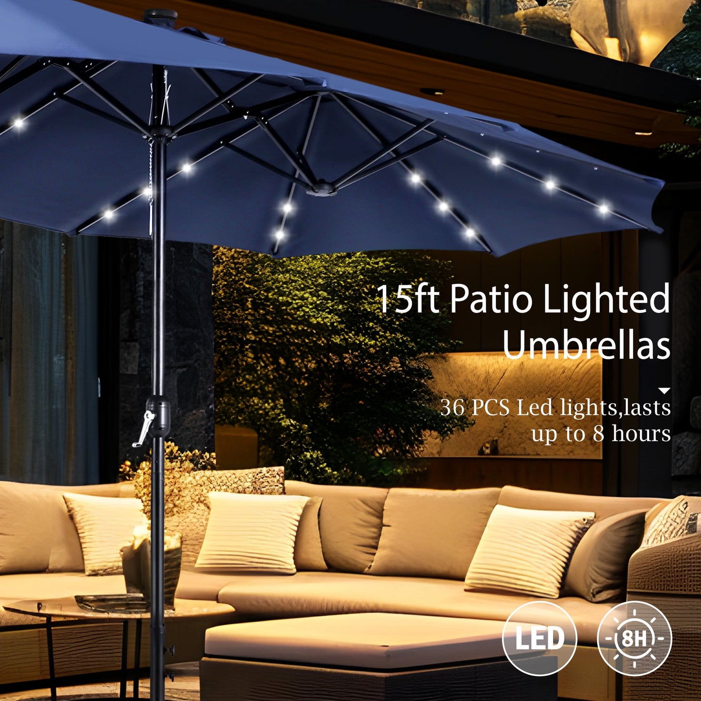 Alpha Joy 15ft Extra Large Outdoor Patio Double-Sided Umbrella with Solar Lights & Umbrella Base, Navy Blue