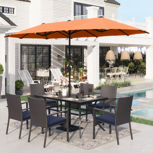 Sophia & William 8 Pieces Outdoor Patio Dining Set with 13 ft Orange Red Umbrella, Rattan Chairs & Metal Table for 6