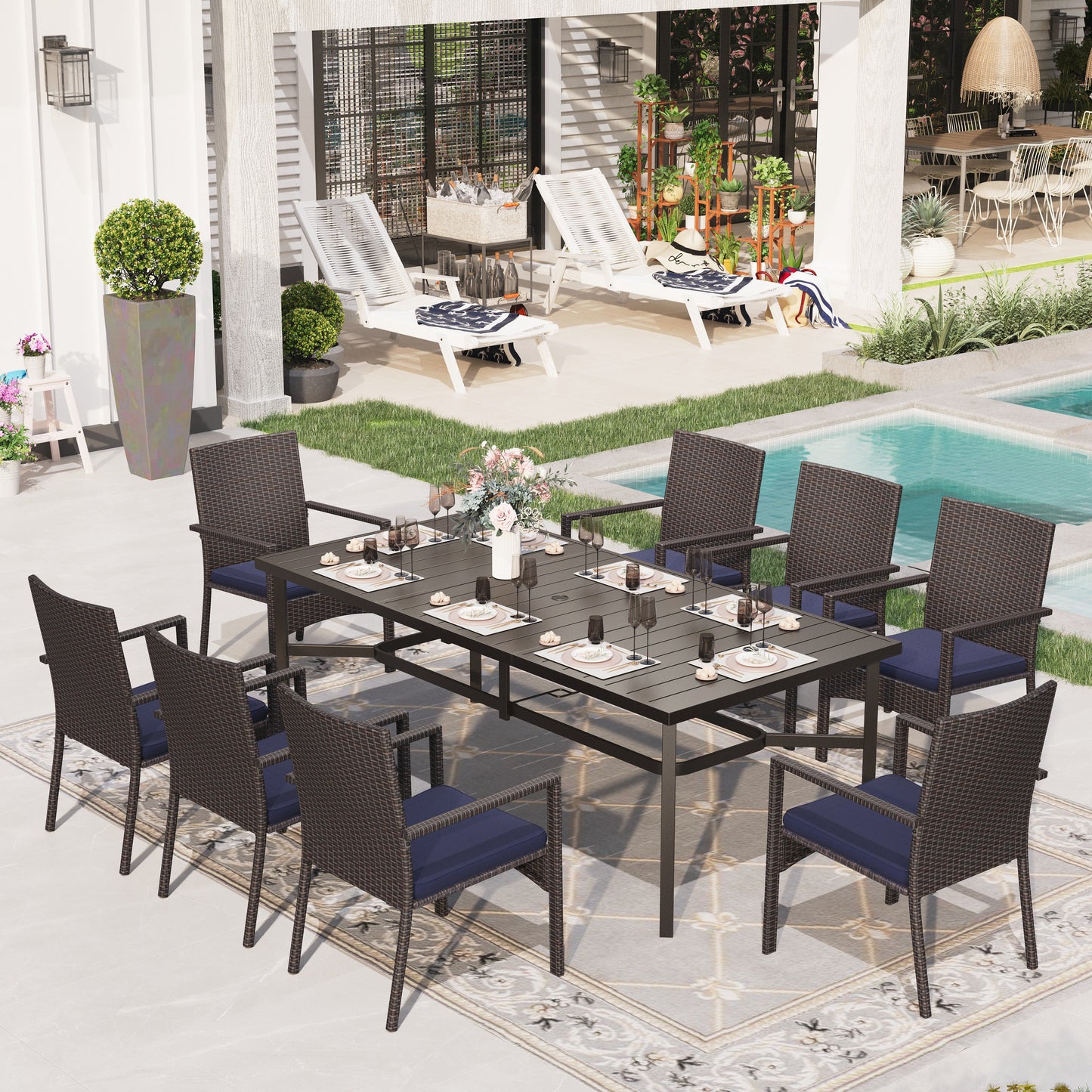 Sophia & William 9-Piece Outdoor Patio Dining Set with 1Pc Rectangular Metal Table and 8Pcs Rattan Chairs, Black & Navy Blue