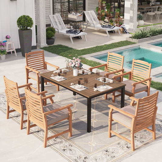 Sophia & William 7 Pieces Patio Dining Set 64"x38" Rectangle Wood Look Table with 6 x Acacia Wood Patio Chairs with Cushions for Lawn, Garden, Backyard