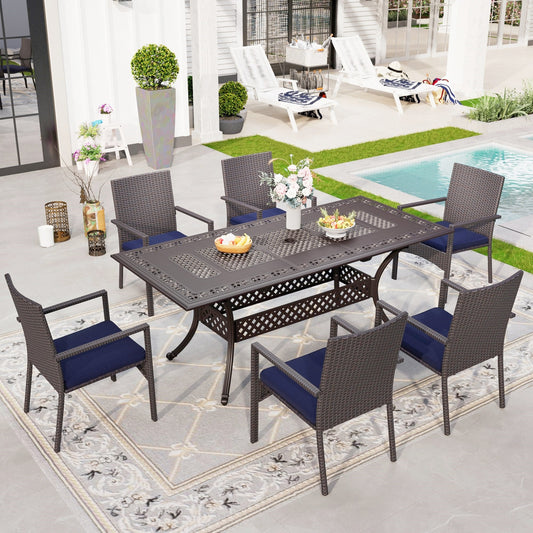 Sophia & William 7 Pieces Outdoor Patio Dining Set Extendable Rectangular Cast Aluminum Metal Table & Cushioned Wicker Rattan Chairs Set for 6