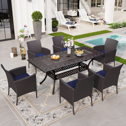 Sophia & William 7-Piece Cast Aluminum Outdoor Patio Dining Set Extendable Rectangle Metal Table & Cushioned Wicker Rattan Chairs Set for 6