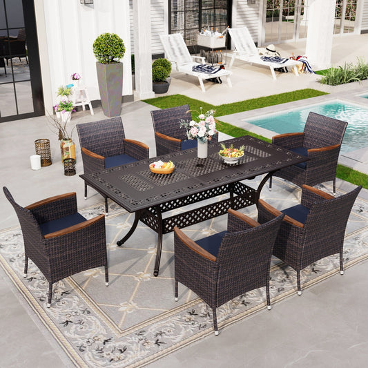 Sophia & William 7 Pieces Outdoor Patio Dining Set with Extendable Cast Aluminum Metal Table & Cushioned Wicker Rattan Chairs for 6
