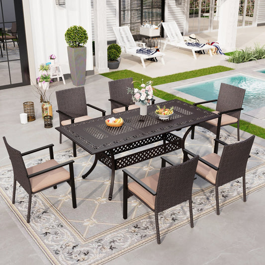 Sophia & William 7 Pieces Cast Aluminum Outdoor Patio Dining Set with Extendable Rectangular Metal Table & Cushioned Wicker Rattan Chairs for 6