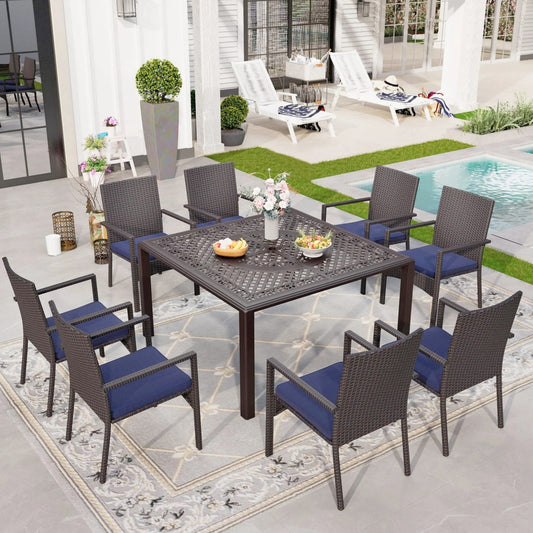 Sophia & William 9 Pieces Outdoor Patio Dining Set Square Cast Aluminum Metal Dining Table with Umbrella Hole & Cushioned Wicker Rattan Chairs Set for 8