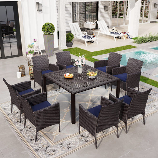 Sophia & William 9 Pieces Cast Aluminum Outdoor Patio Dining Set with Square Metal Dining Table & Cushioned Wicker Rattan Chairs for 8