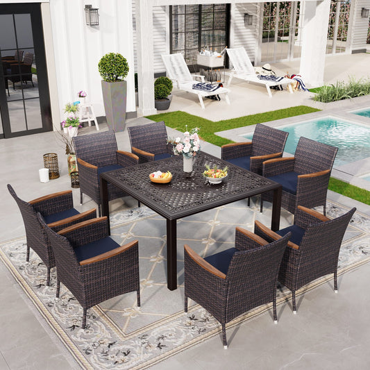 Sophia & William 9-Piece Cast Aluminum Outdoor Patio Dining Set Square Metal Table & Cushioned Wicker Rattan Chairs Set for 8
