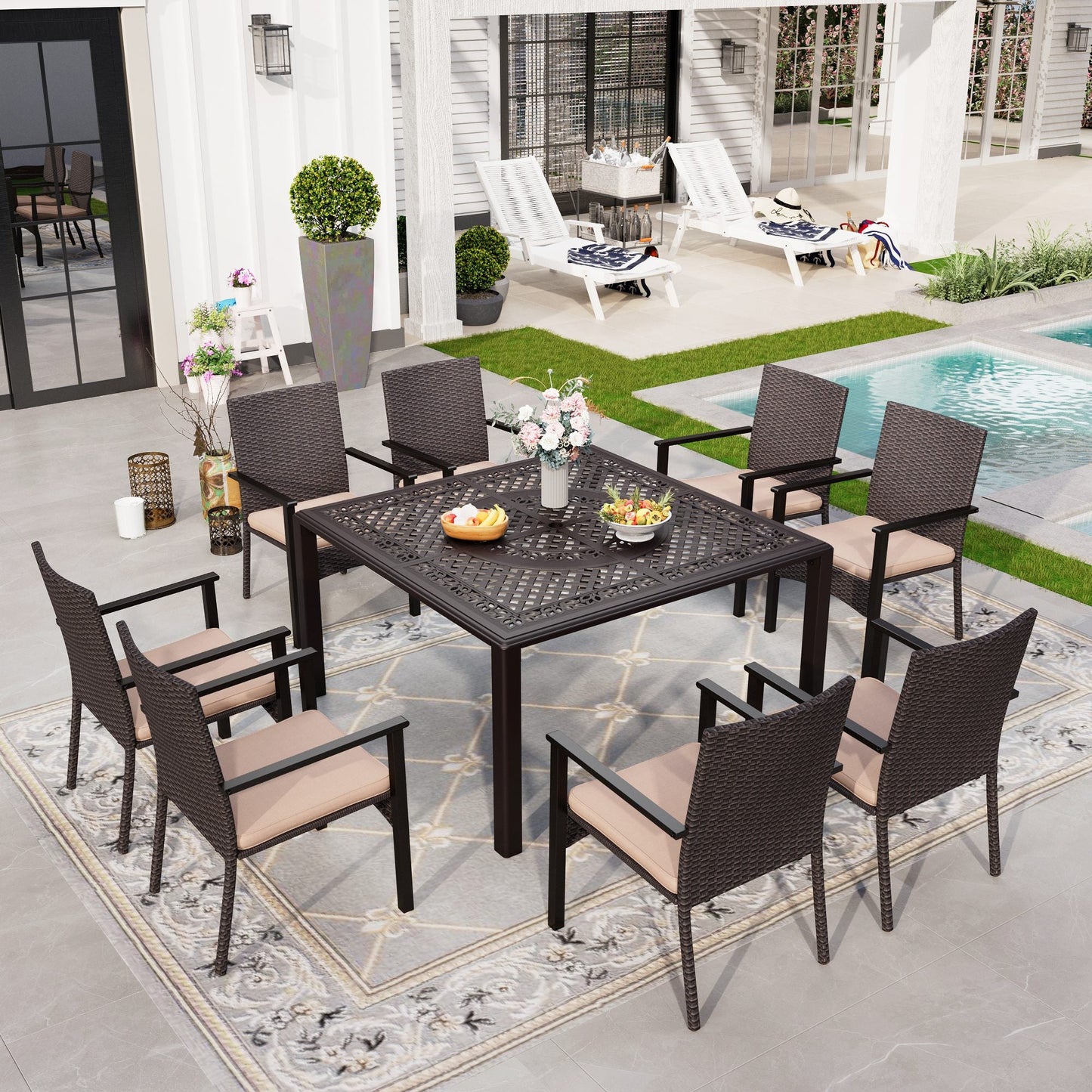 Sophia & William 9 Pieces Outdoor Patio Dining Set with Square Cast Aluminum Metal Dining Table & Cushioned Wicker Rattan Chairs for 8