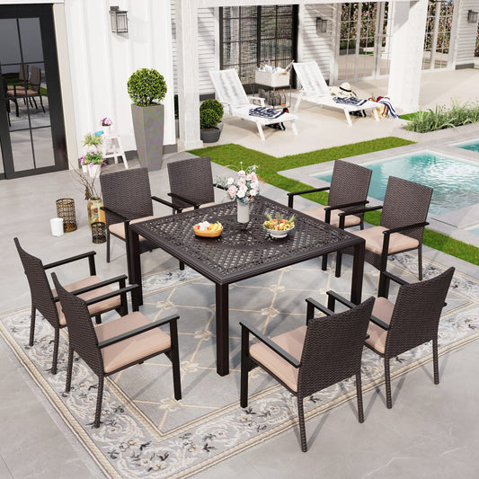 Sophia & William 9 Pieces Outdoor Patio Dining Set with Square Cast Aluminum Metal Dining Table & Cushioned Wicker Rattan Chairs for 8