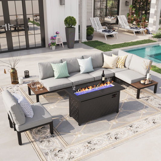 Sophia & William 6 Pieces Outdoor Patio Furniture Conversatio Sofa Set with Fire Pit Table, Light Grey Cushion