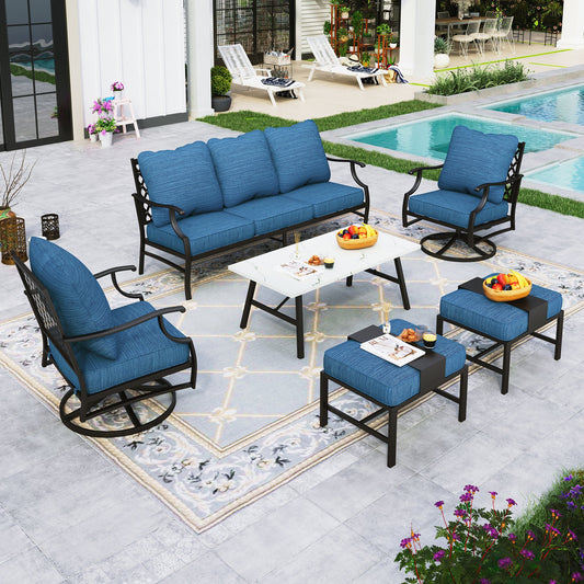 Sophia&William 7 Seat Patio Conversation Set Outdoor Sofa Furniture Set with Marble Table & Ottomans, Pacific Blue