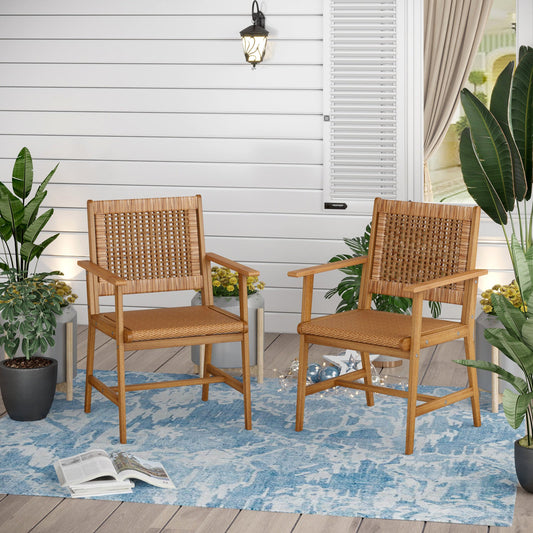 Sophia & William Acacia Wood Patio Dining Chairs with with Rattan Seat & Back - Set of 2 - Teak