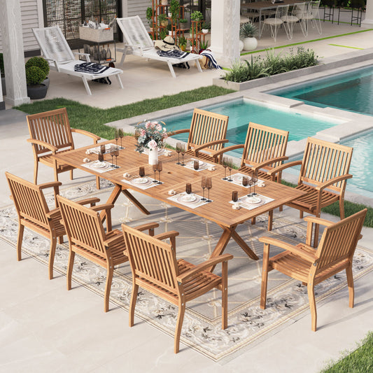 Sophia & William 9 Pieces Patio Dining Set Rectangular Expandable Acacia Wood Table with 8 x Acacia Wood Patio Chairs for Lawn, Garden, Backyard