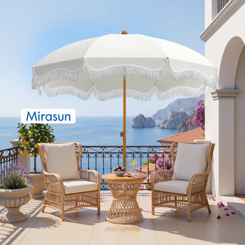 Mirasun 7ft Fringe Beach Umbrella White with Sand Anchor, Outdoor Patio White Portable Beach Umbrella for Sand with Tassels, Push Button Tilt & Carrying Bag, UPF 50+
