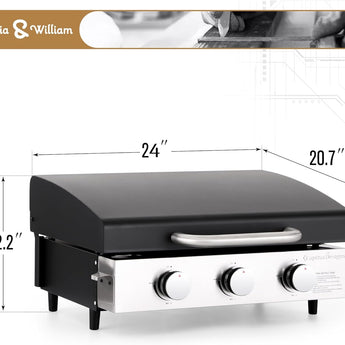 Sophia & William 22" Flat Top Grill with Lid & Ceramic Coated Cast Iron Pan, 3-Burner Portable Tabletop Gas Propane Griddle for Outdoor, BBQ, Camping & Tailgating Barbecue, 24,000 BTU