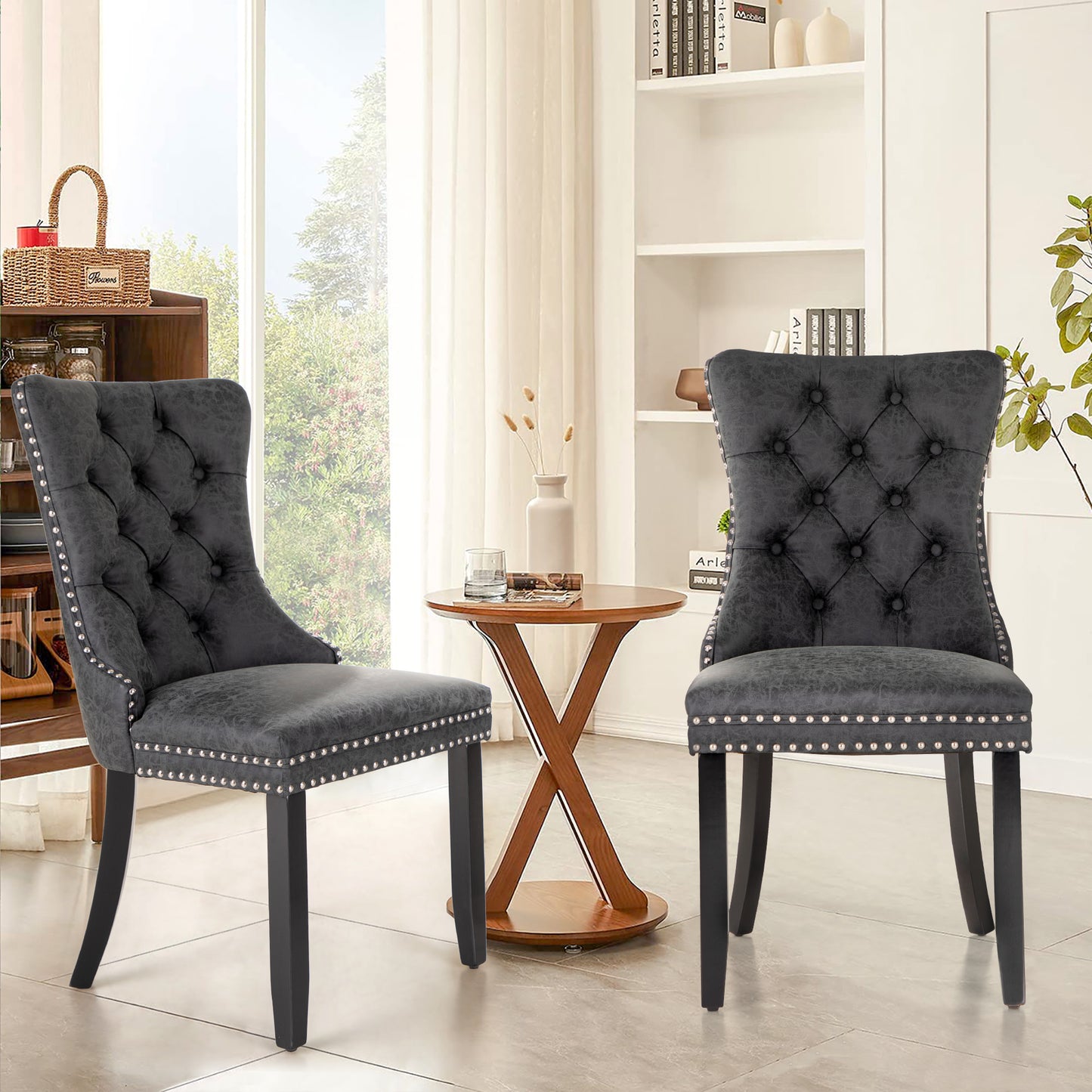 Sophia & William PU Leather Upholstered Dining Chairs with Ring Back-Set of 2-Black