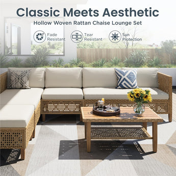 PHI VILLA Wicker Patio Furniture Set, Outdoor Sectional Couch with Cushions and Acacia Wood Coffee Table, U-Shaped Patio Conversation Set for Deck or Porch, 6 Seats, Beige