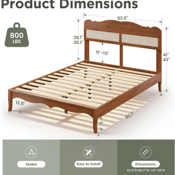 Sophia & William Queen Bed Frame with Adjustable Headboard, Wooden Bed Frame Queen Size, Solid Wood Slats Support, No Box Spring Needed,Brown