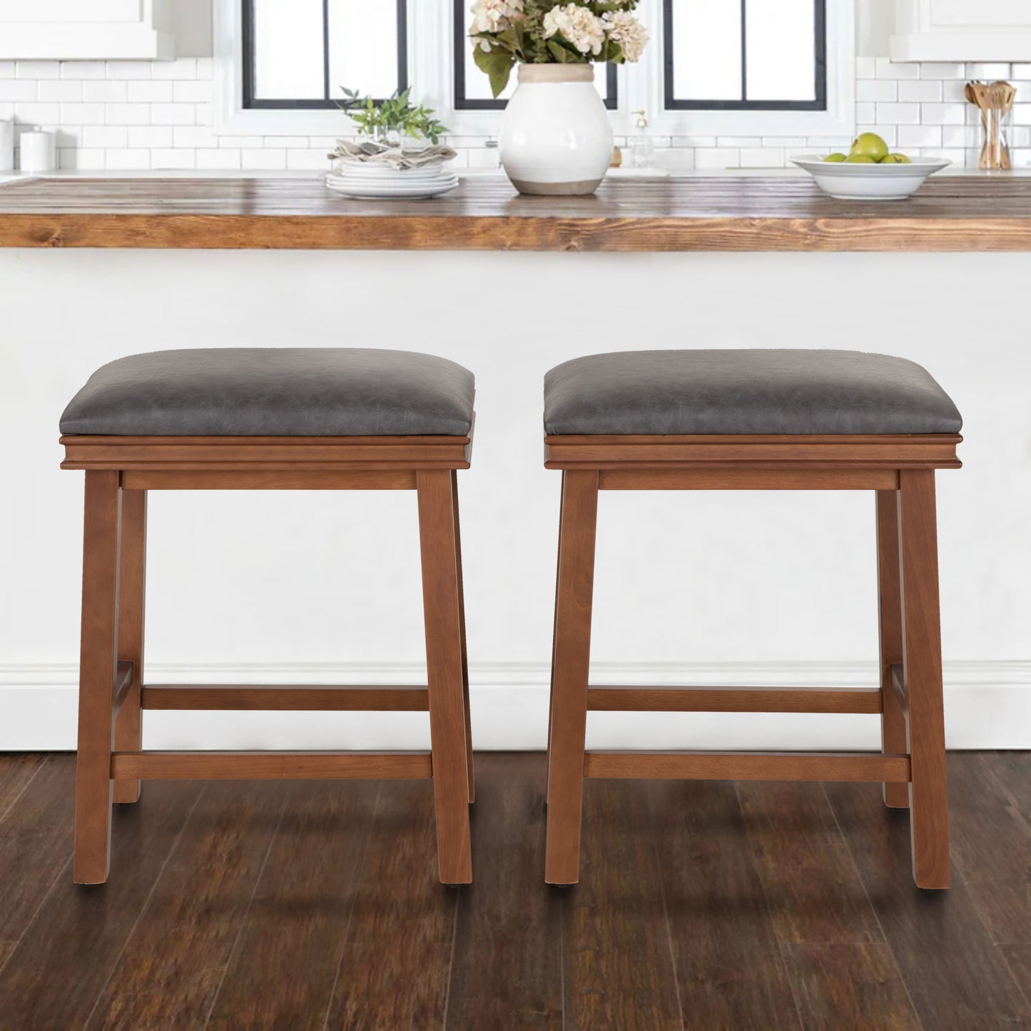 Sophia & William 24" PU Leather Counter Height Bar Stool with Wood Leg-Set of 2-Gray