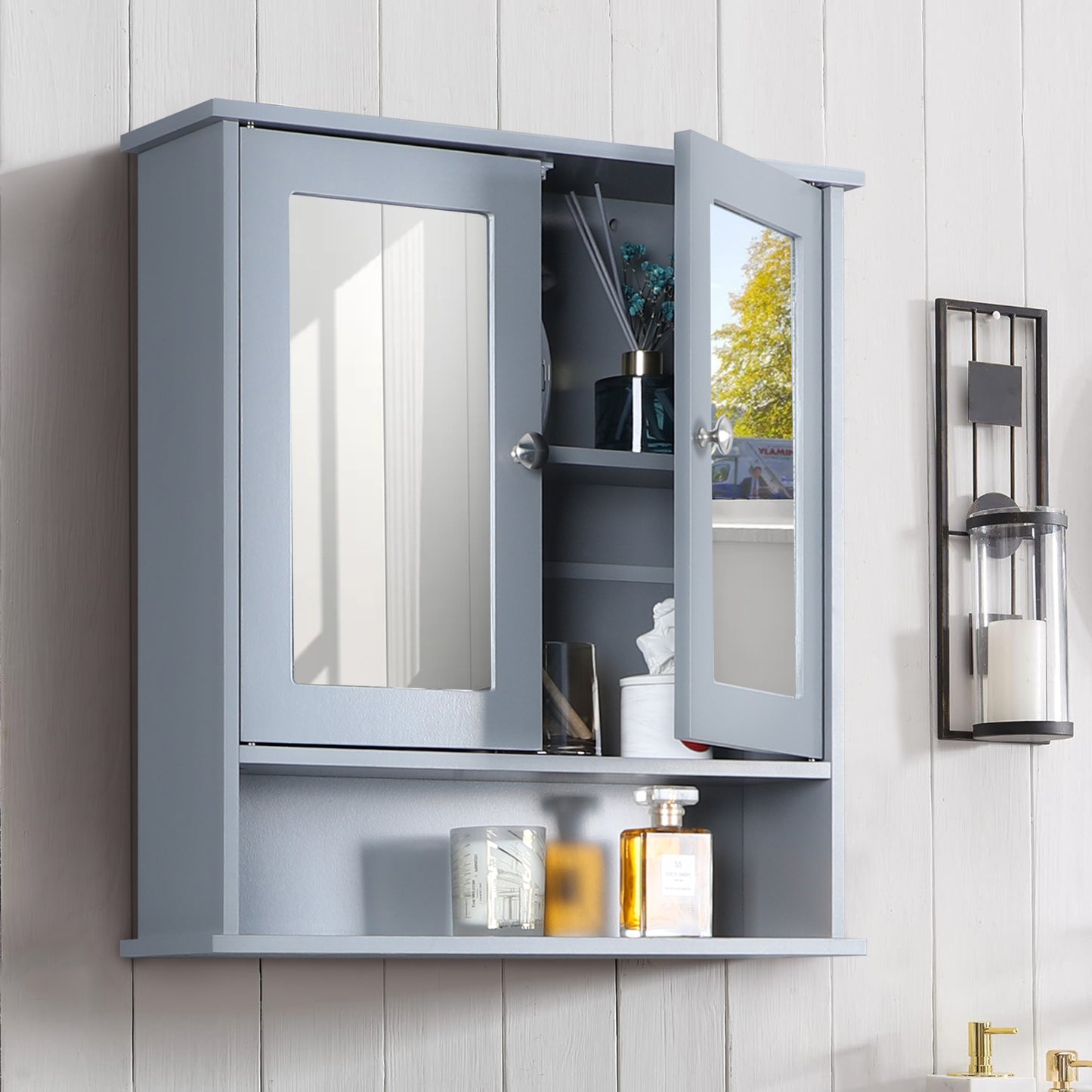 S&W Wall Mounted Bathroom Cabinet Medicine Cabinet with Double Mirror Doors-Grey