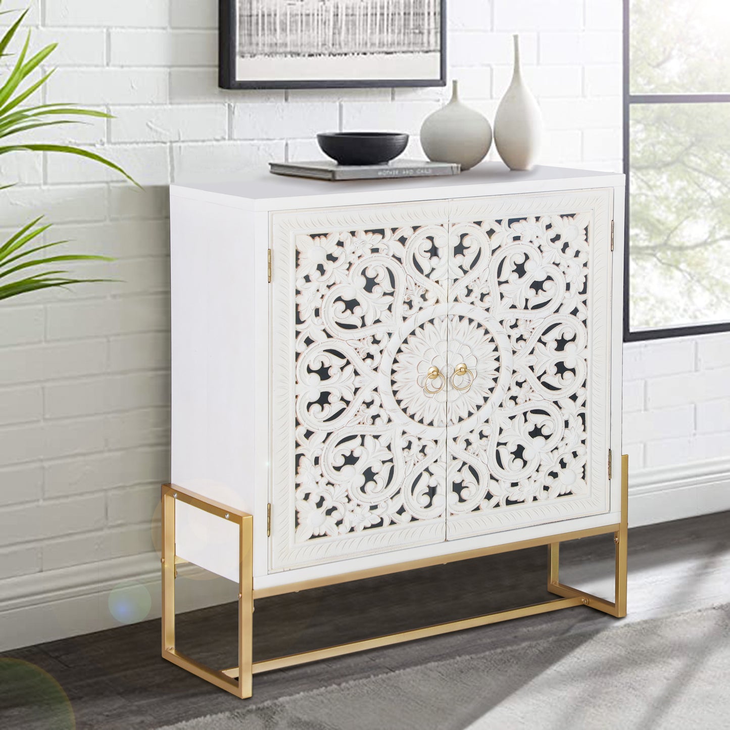 Alpha Joy 2-Door Hollow Carving Accent Cabinet with Metal Feet-White
