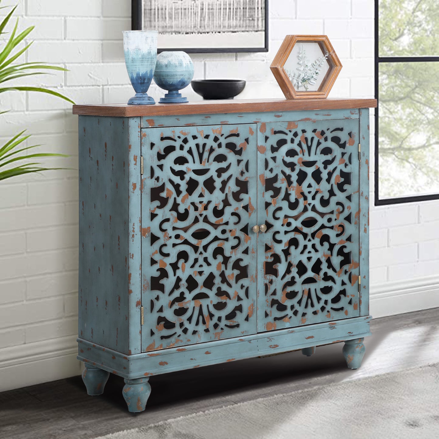 Alpha Joy 2-Door Hollow Carving Accent Cabinet for Dining Room, Living Room,Hallway-Blue